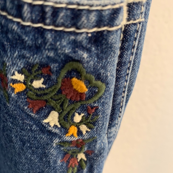 Vintage Revolt Denim Carpenter Bib Overalls Womens Size 22 Blue Embroidered Boho - Picture 10 of 14